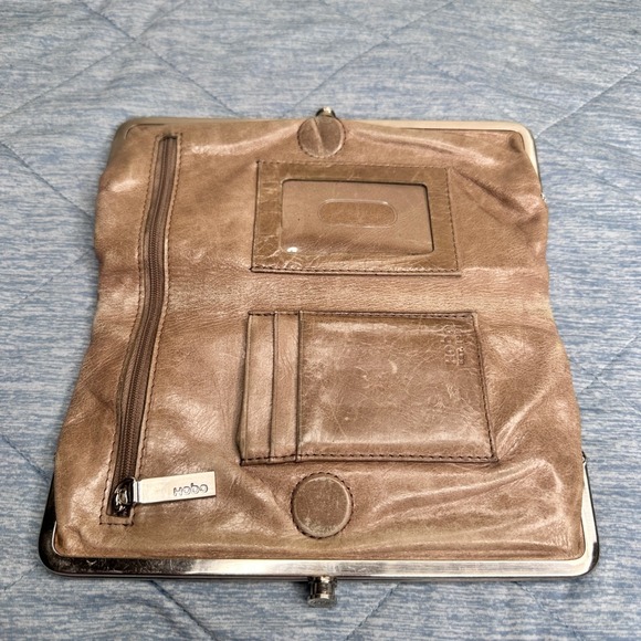 Hobo Est. 1991 Taupe Leather Kisslock Clutch Wallet Floral Interior Tan Black - Picture 2 of 11